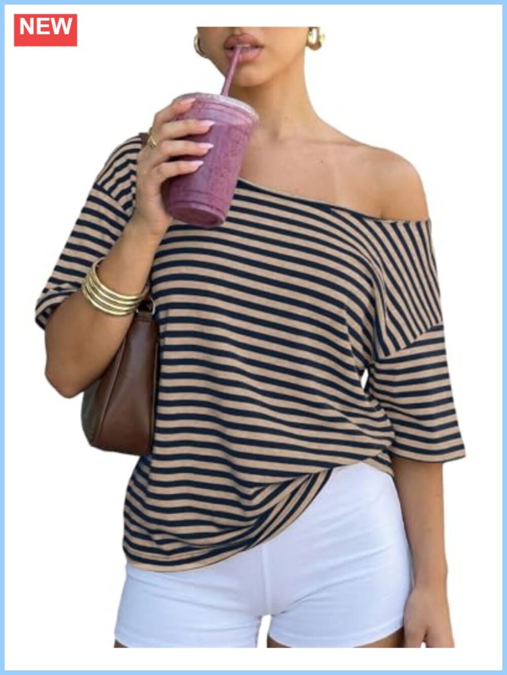 Oversized Off Shoulder Striped Cotton Blend T-Shirt Y2K Tee